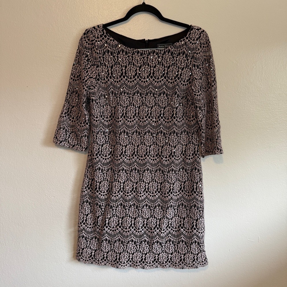 Jessica Howard Women’s 3/4 Sleeve Lace Black Nude Midi Dress Size 14 Petite